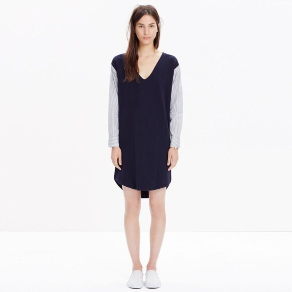 Madewell Mixed Media Sweater Dress Cotton V Neck Striped Long Sleeve Preppy